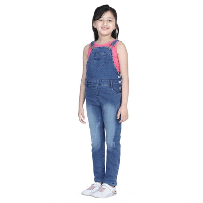 Generic Girl's Denim Washed Buttoned Dungaree (Blue)