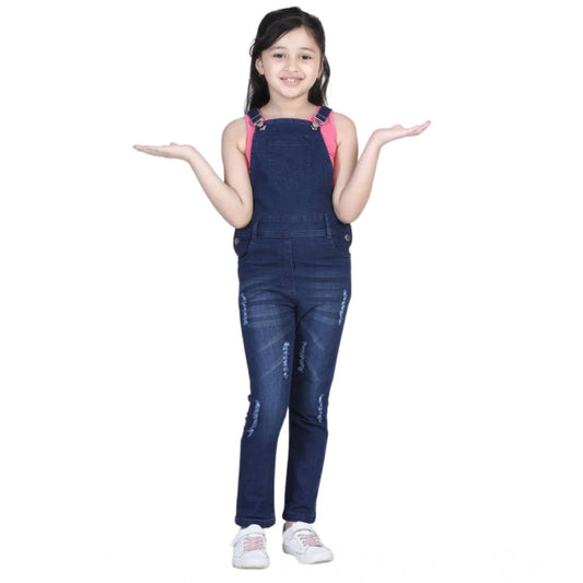 Generic Girl's Denim Distressed Buttoned Dungaree (Blue)