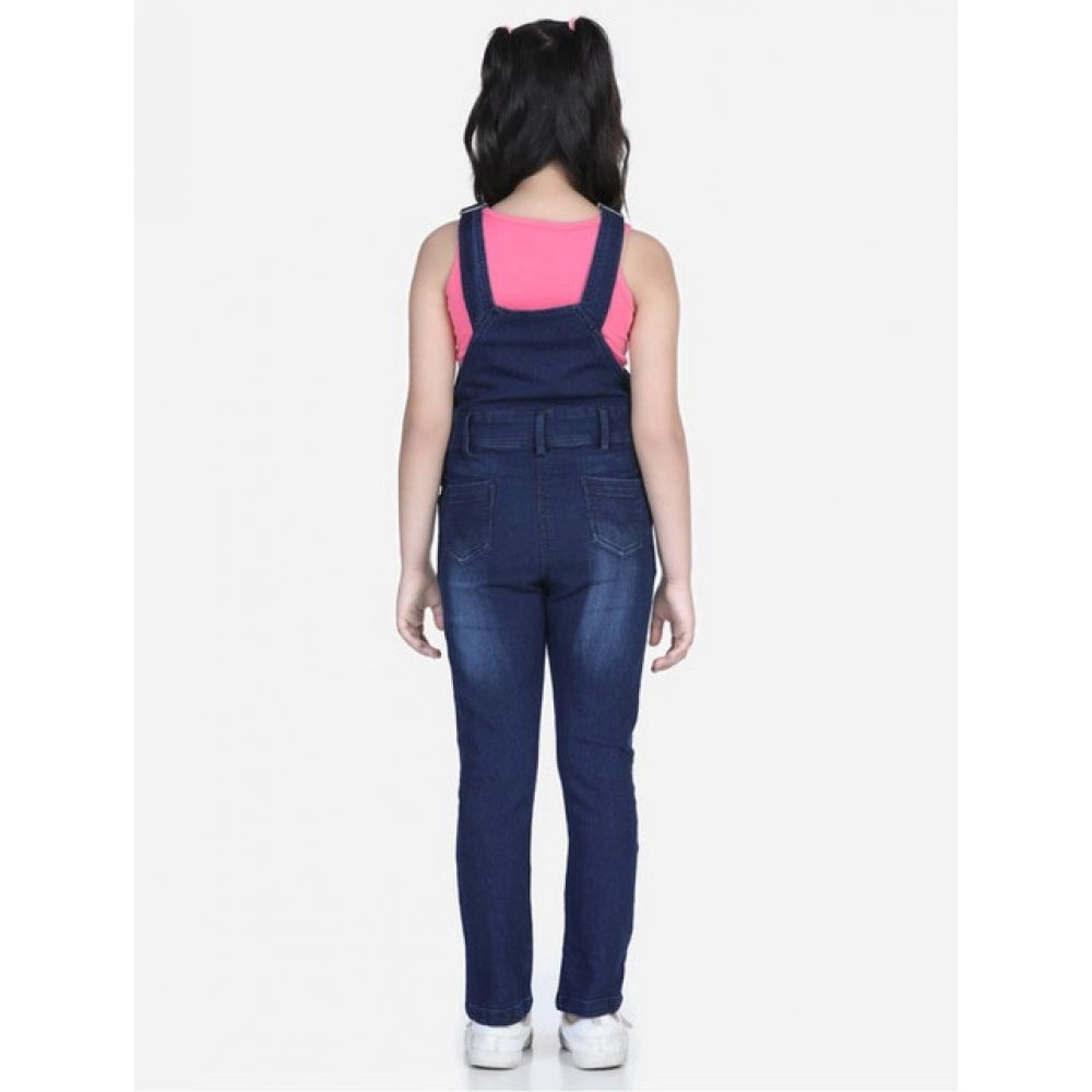 Generic Girl's Denim Distressed Buttoned Dungaree (Blue)