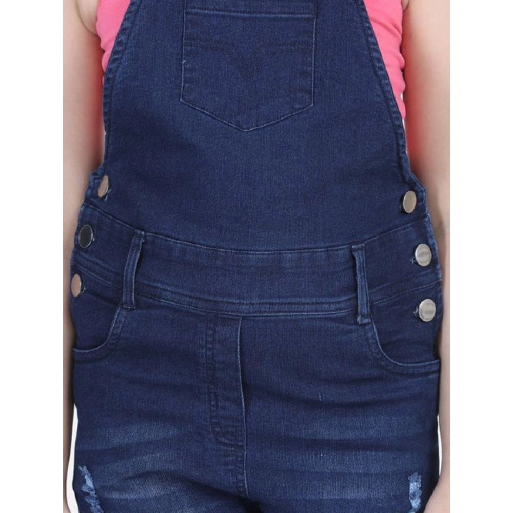 Generic Girl's Denim Distressed Buttoned Dungaree (Blue)