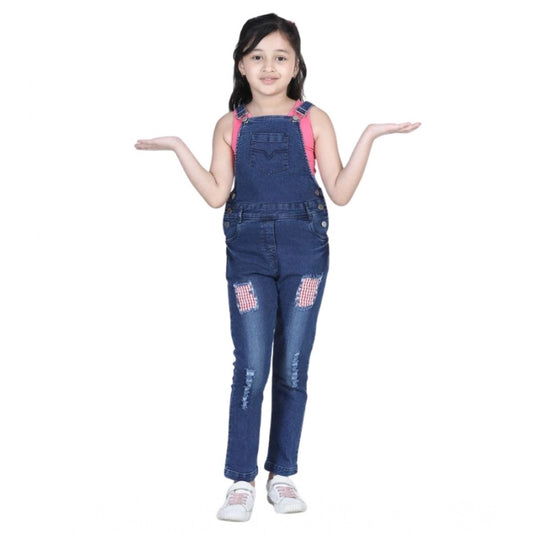 Generic Girl's Denim Patch Work Buttoned Dungaree (Blue)