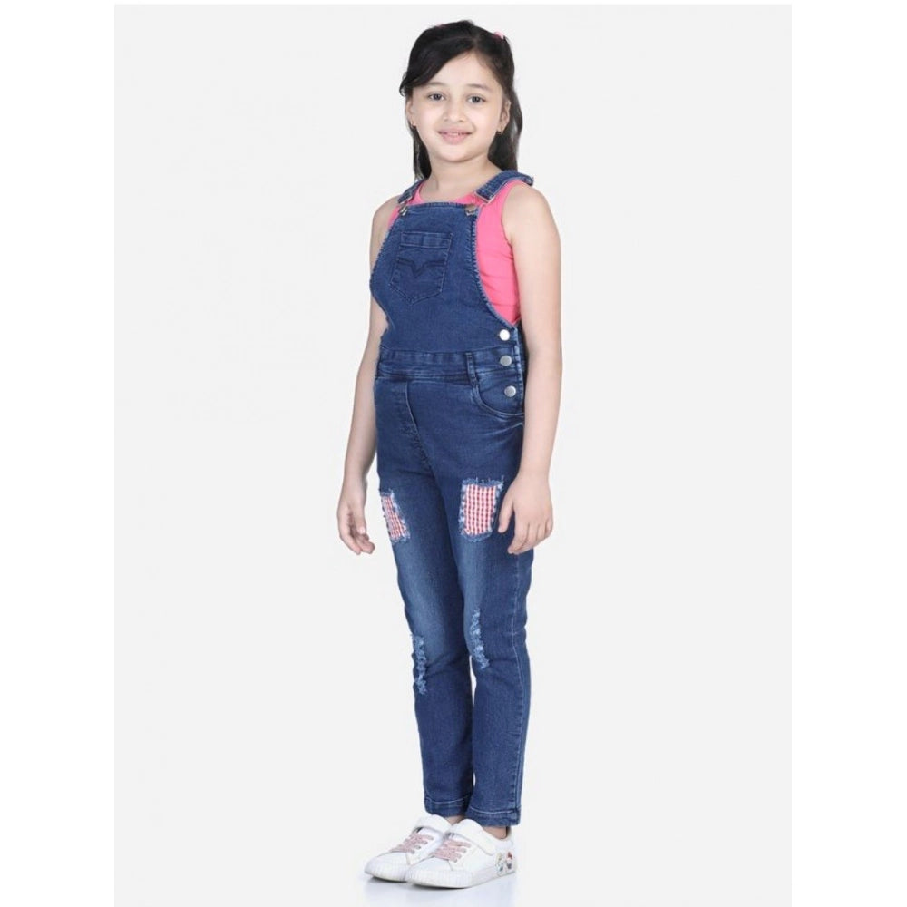 Generic Girl's Denim Patch Work Buttoned Dungaree (Blue)
