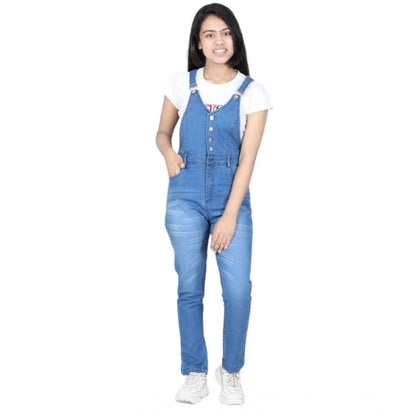 Generic Girl's Denim Solid Buttoned Dungaree (Blue)
