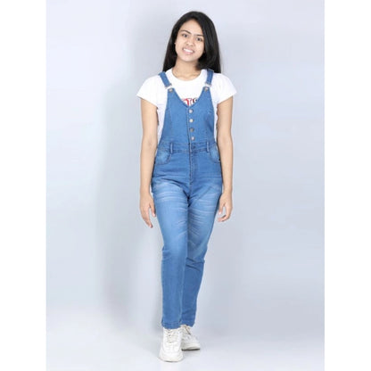 Generic Girl's Denim Solid Buttoned Dungaree (Blue)