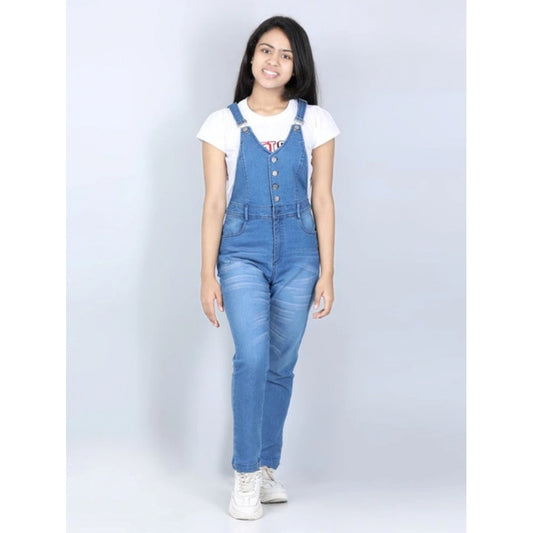 Generic Girl's Denim Solid Buttoned Dungaree (Blue)