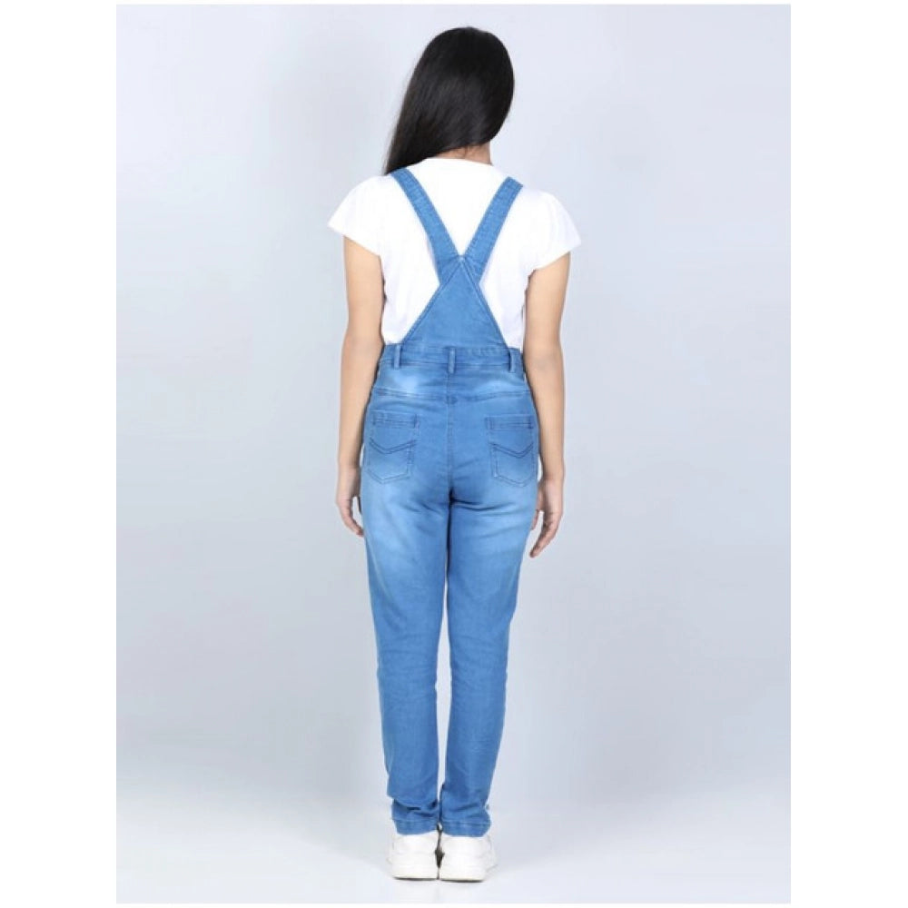 Generic Girl's Denim Solid Buttoned Dungaree (Blue)