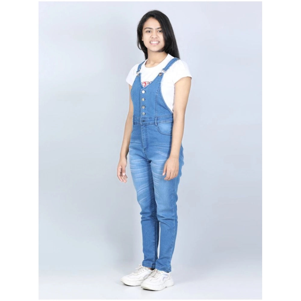 Generic Girl's Denim Solid Buttoned Dungaree (Blue)