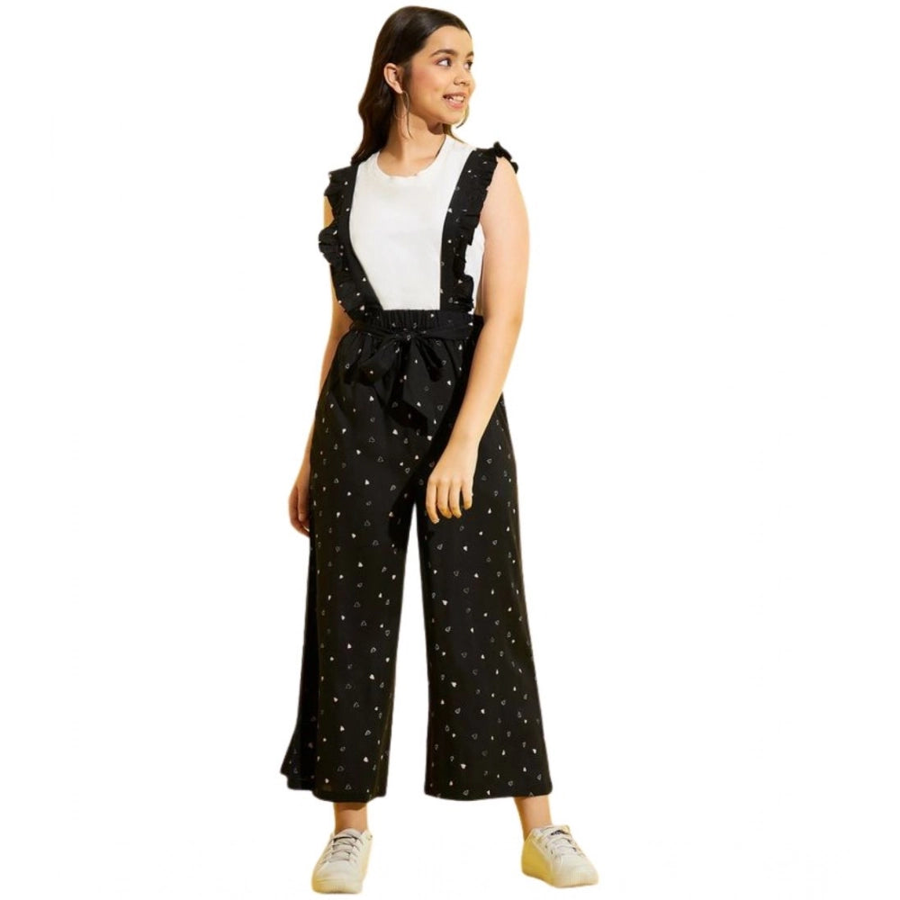 Generic Girl's Cotton Printed Sleeveless Dungaree (Black-White)