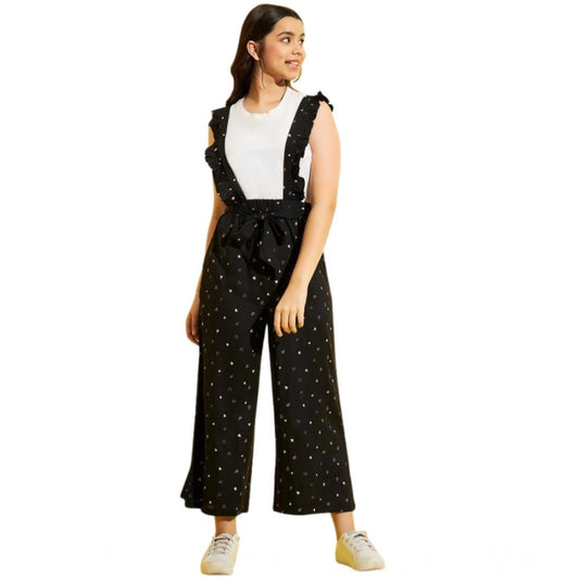 Generic Girl's Cotton Printed Sleeveless Dungaree (Black-White)