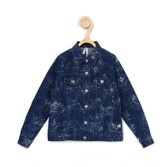 Generic Girl's Denim Washed Flutter Jacket with Crinkle (Blue)