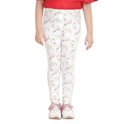 Generic Girl's Cotton Lycra Floral Elasticated Jeggings (White-Green)