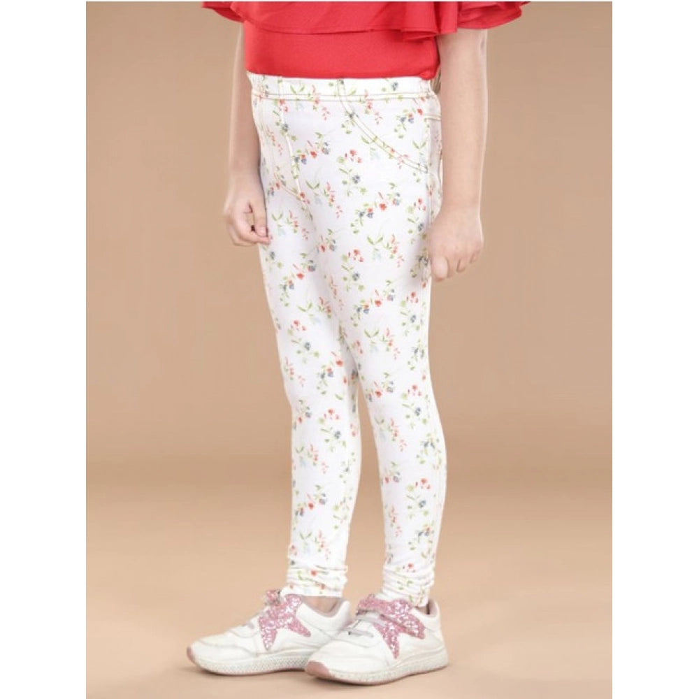 Generic Girl's Cotton Lycra Floral Elasticated Jeggings (White-Green)