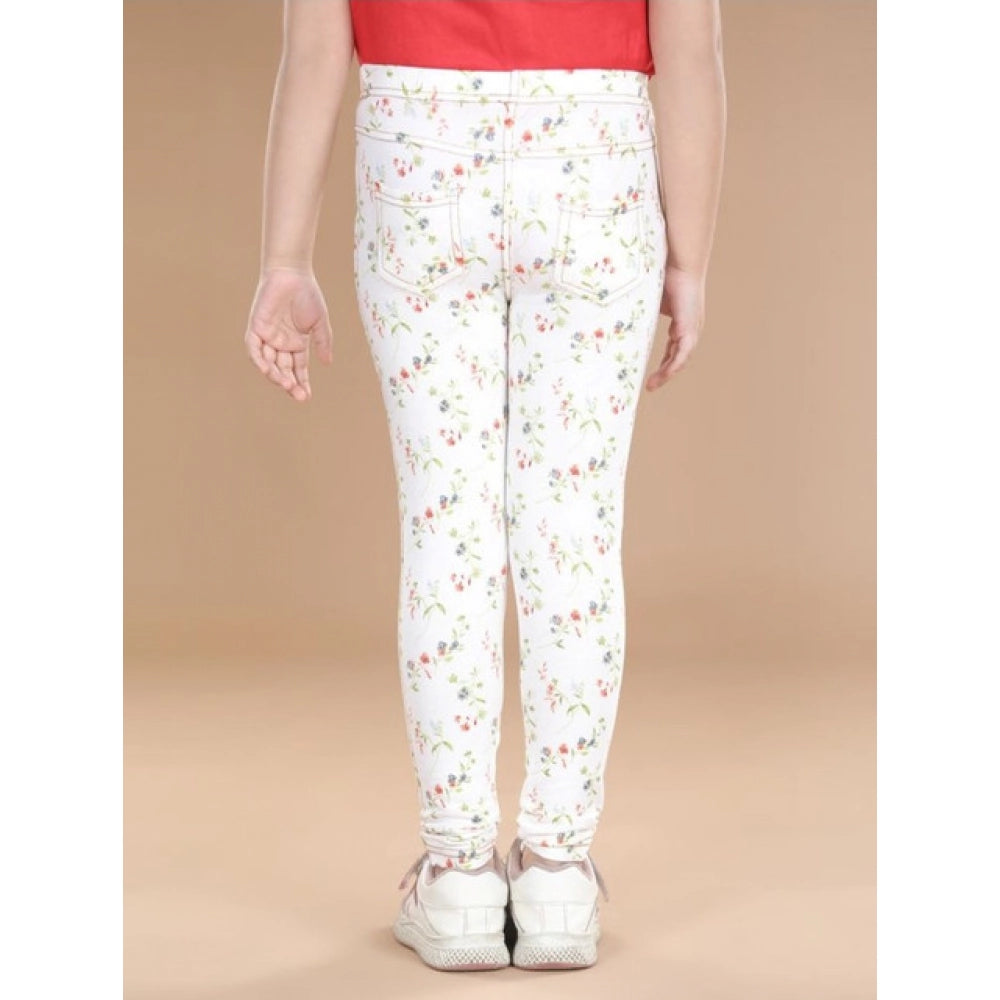 Generic Girl's Cotton Lycra Floral Elasticated Jeggings (White-Green)