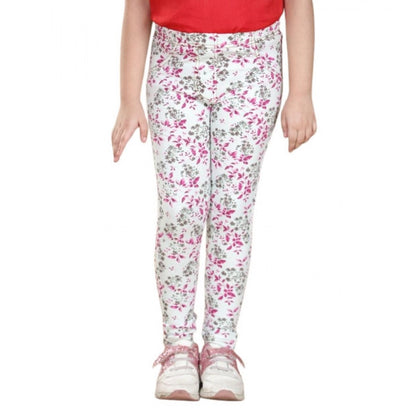 Generic Girl's Cotton Lycra Floral Elasticated Jeggings (White-Pink)