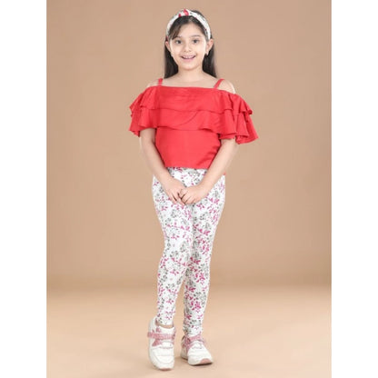 Generic Girl's Cotton Lycra Floral Elasticated Jeggings (White-Pink)