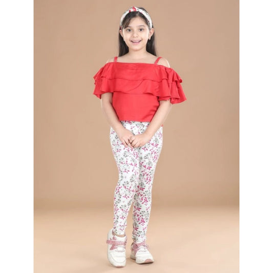 Generic Girl's Cotton Lycra Floral Elasticated Jeggings (White-Pink)
