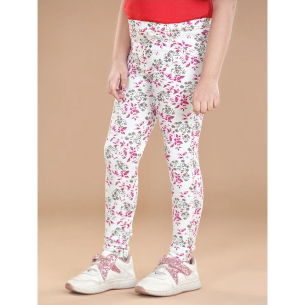 Generic Girl's Cotton Lycra Floral Elasticated Jeggings (White-Pink)