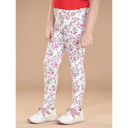 Generic Girl's Cotton Lycra Floral Elasticated Jeggings (White-Pink)