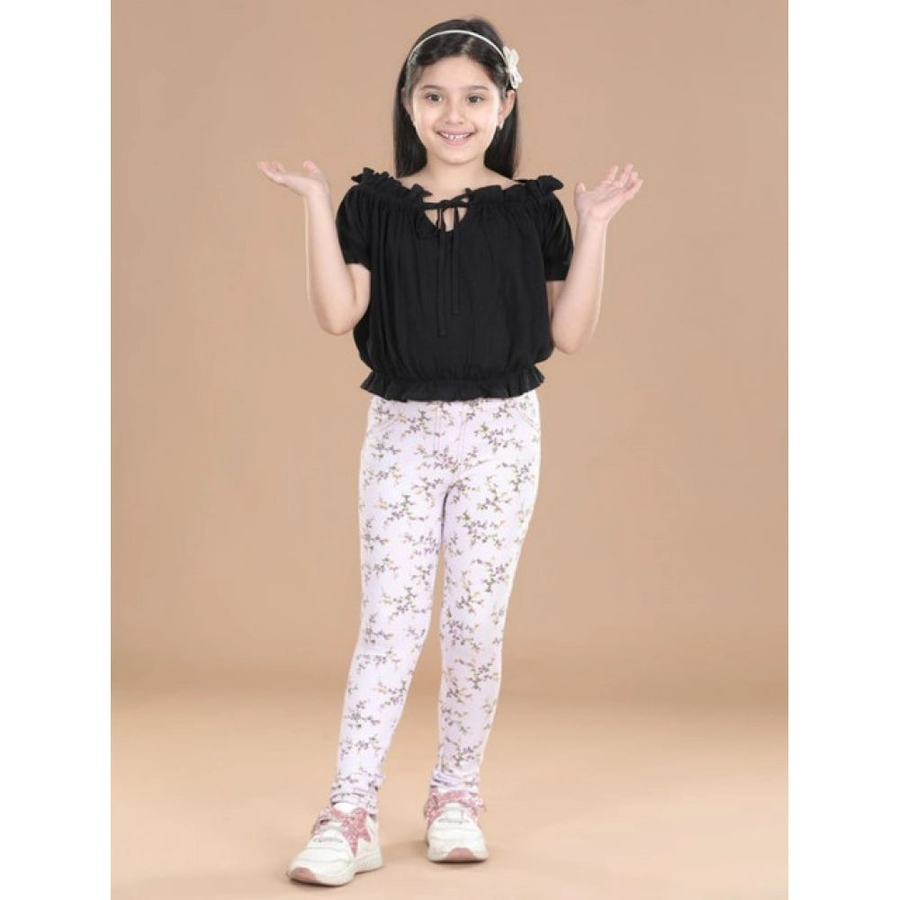 Generic Girl's Cotton Lycra Floral Elasticated Jeggings (Multicolor)