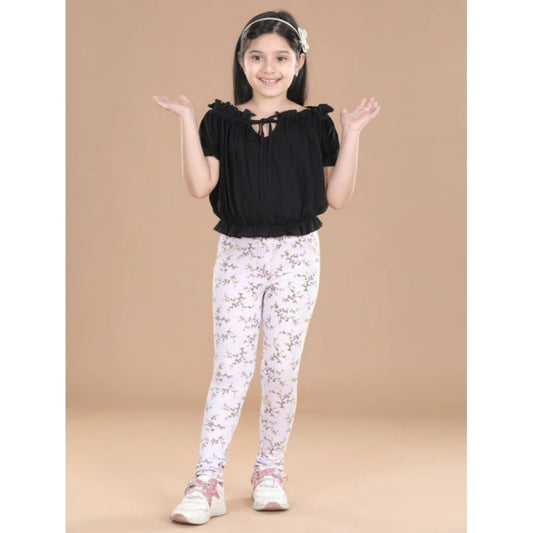 Generic Girl's Cotton Lycra Floral Elasticated Jeggings (Multicolor)
