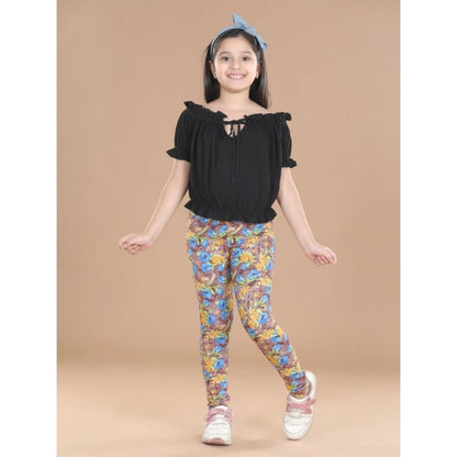 Generic Girl's Cotton Lycra Floral Elasticated Jeggings (Multicolor)