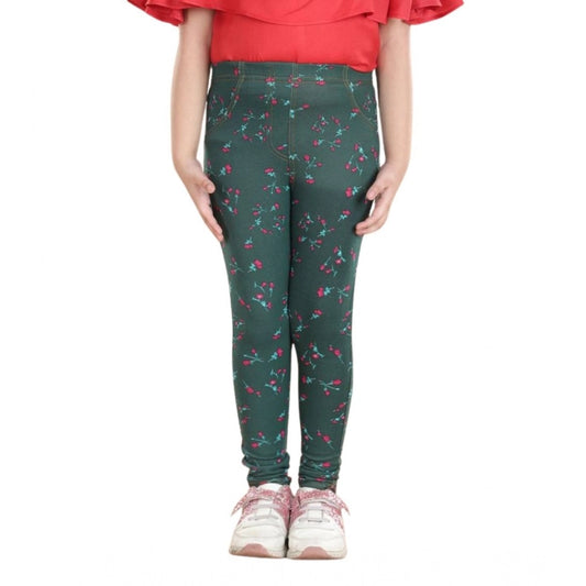 Generic Girl's Cotton Lycra Floral Elasticated Jeggings (Bottle Green)