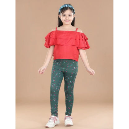 Generic Girl's Cotton Lycra Floral Elasticated Jeggings (Bottle Green)