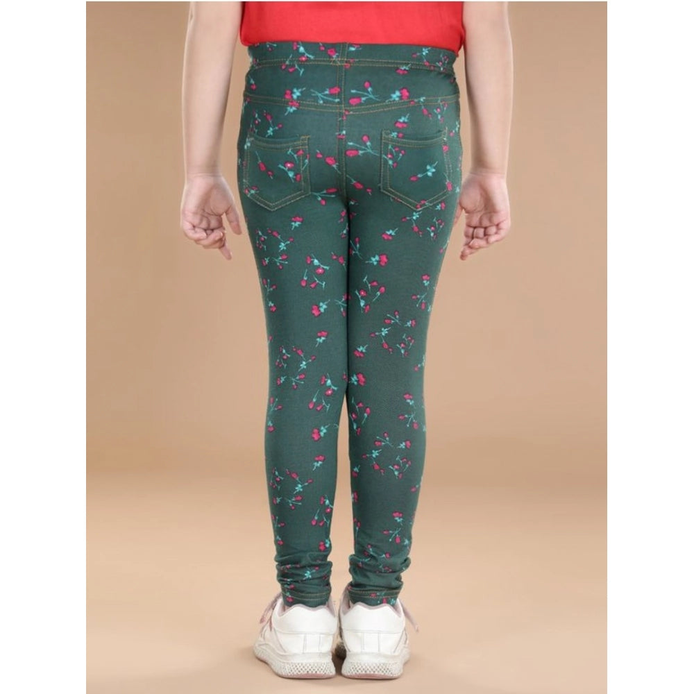 Generic Girl's Cotton Lycra Floral Elasticated Jeggings (Bottle Green)