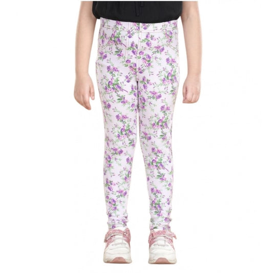Generic Girl's Cotton Lycra Floral Elasticated Jeggings (Lavender)