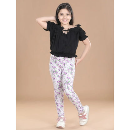 Generic Girl's Cotton Lycra Floral Elasticated Jeggings (Lavender)