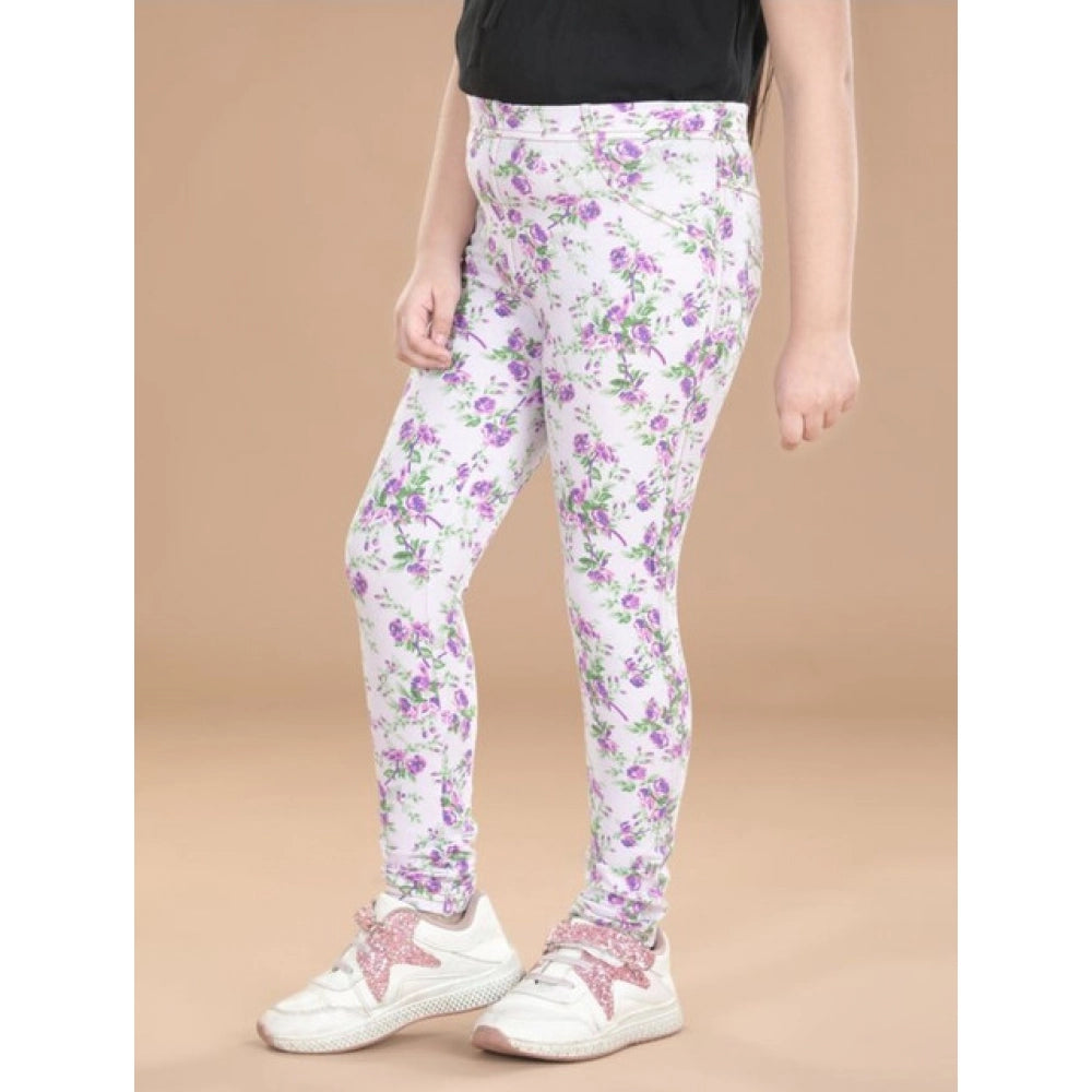 Generic Girl's Cotton Lycra Floral Elasticated Jeggings (Lavender)