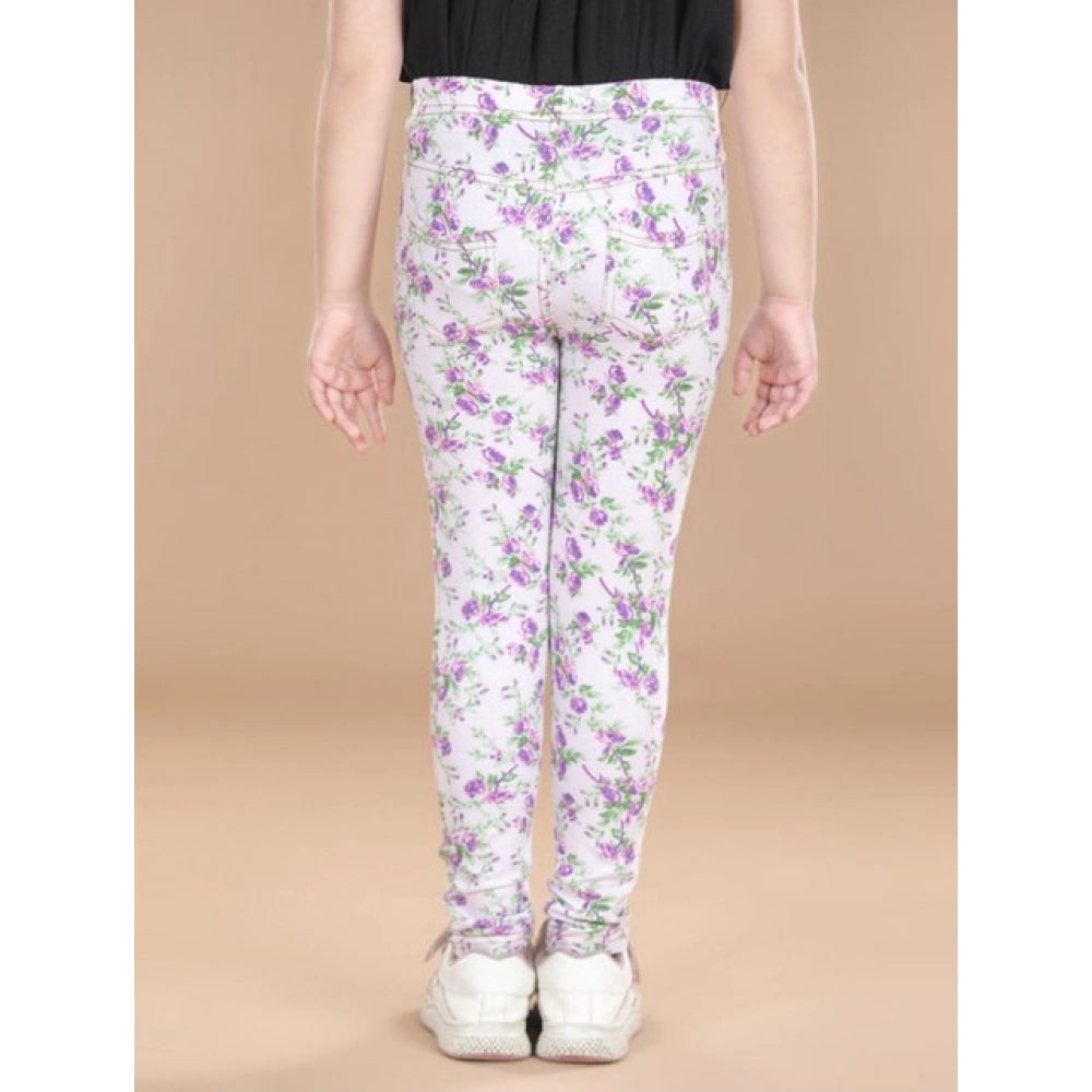 Generic Girl's Cotton Lycra Floral Elasticated Jeggings (Lavender)