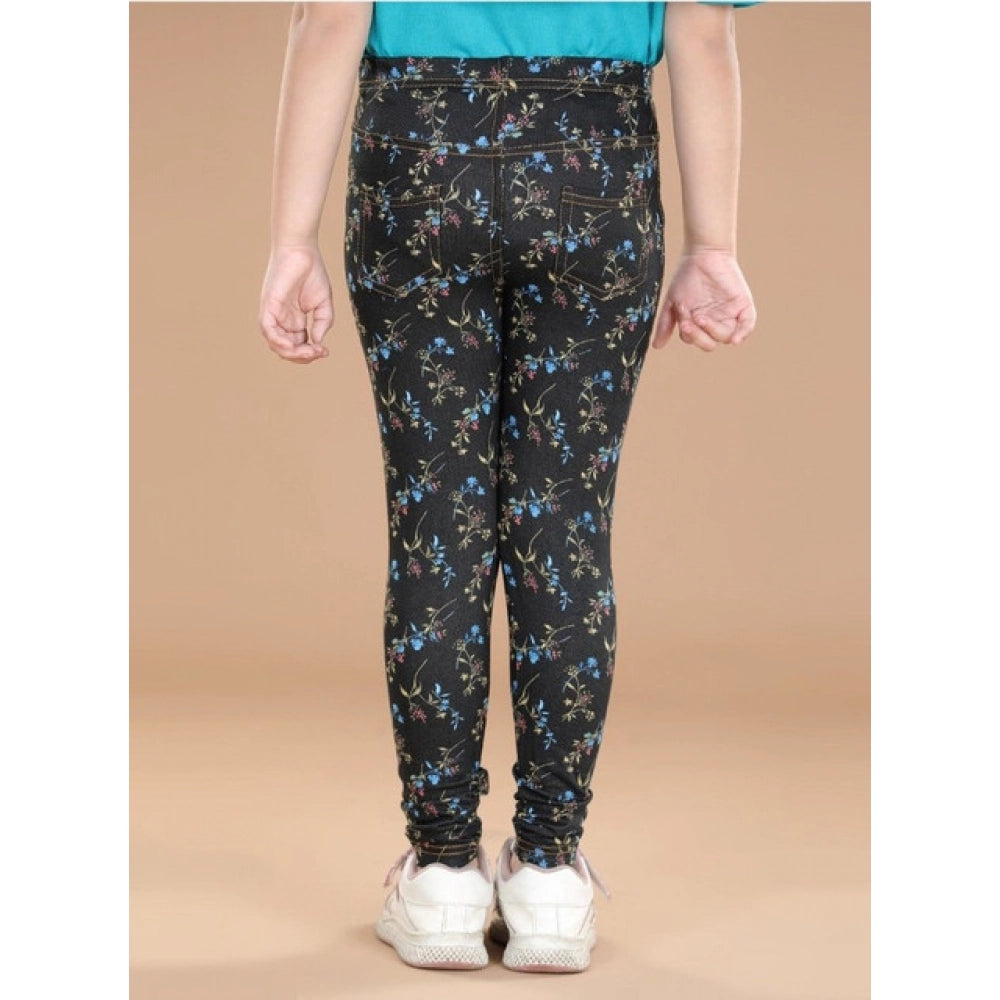 Generic Girl's Cotton Lycra Floral Elasticated Jeggings (Multicolor)