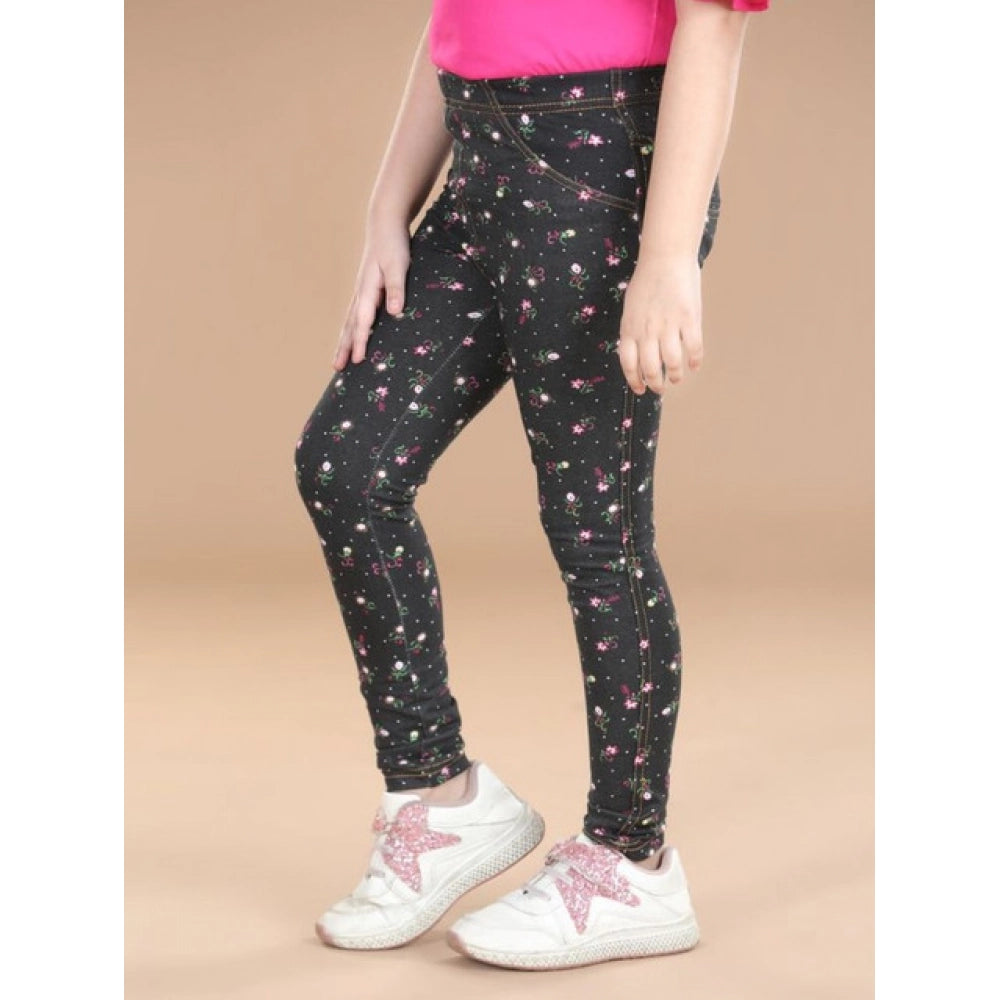 Generic Girl's Cotton Lycra Floral Elasticated Jeggings (Multicolor)