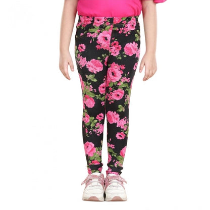 Generic Girl's Cotton Lycra Floral Elasticated Jeggings (Black-Pink)