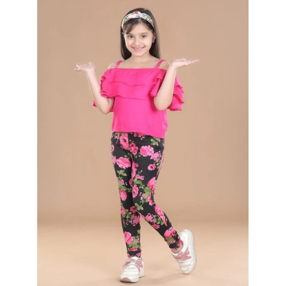 Generic Girl's Cotton Lycra Floral Elasticated Jeggings (Black-Pink)