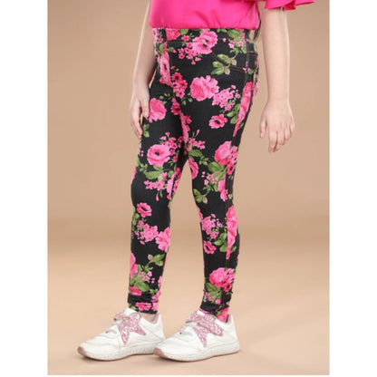 Generic Girl's Cotton Lycra Floral Elasticated Jeggings (Black-Pink)