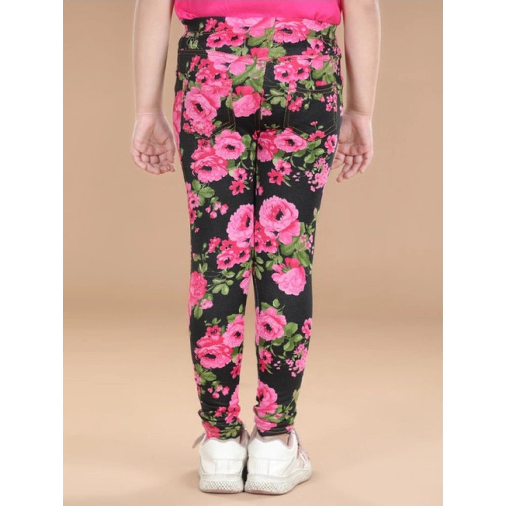 Generic Girl's Cotton Lycra Floral Elasticated Jeggings (Black-Pink)