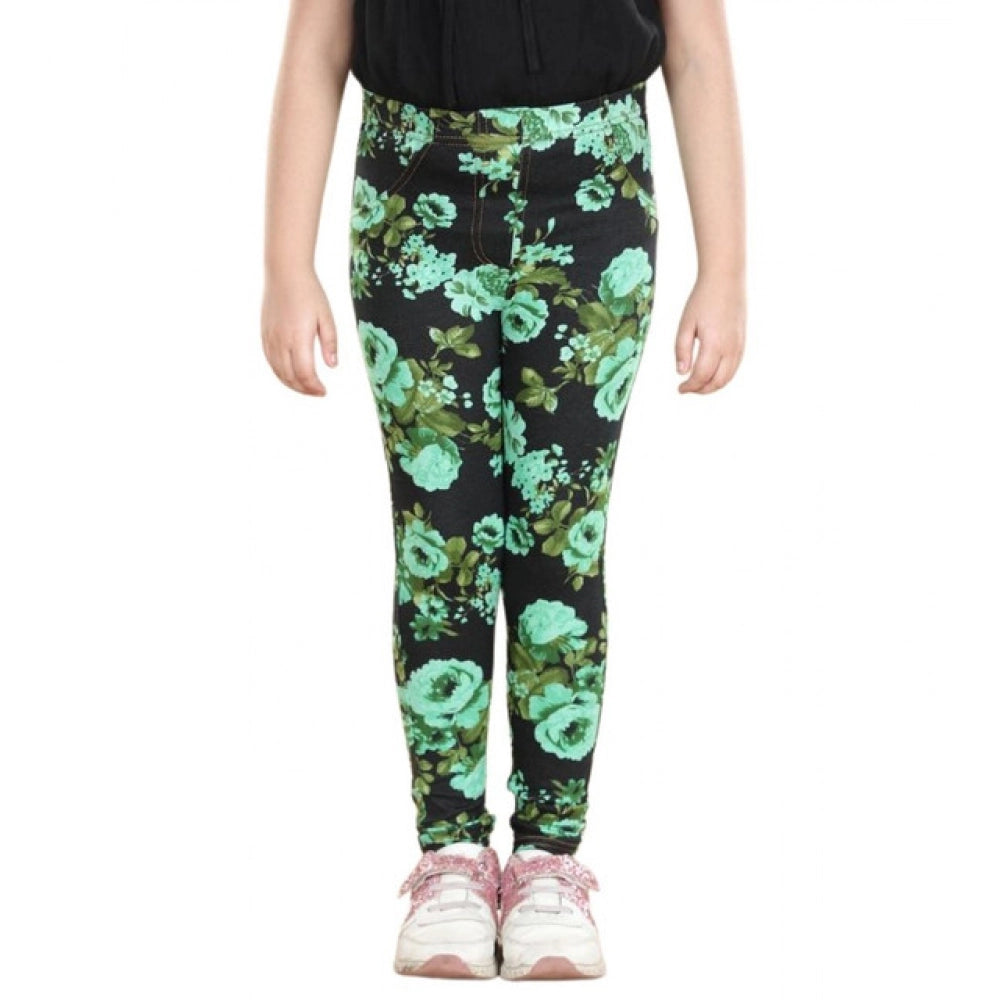 Generic Girl's Cotton Lycra Floral Elasticated Jeggings (Black-Green)