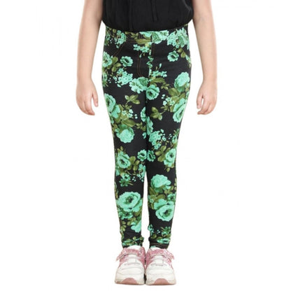 Generic Girl's Cotton Lycra Floral Elasticated Jeggings (Black-Green)