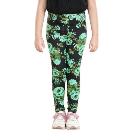 Generic Girl's Cotton Lycra Floral Elasticated Jeggings (Black-Green)