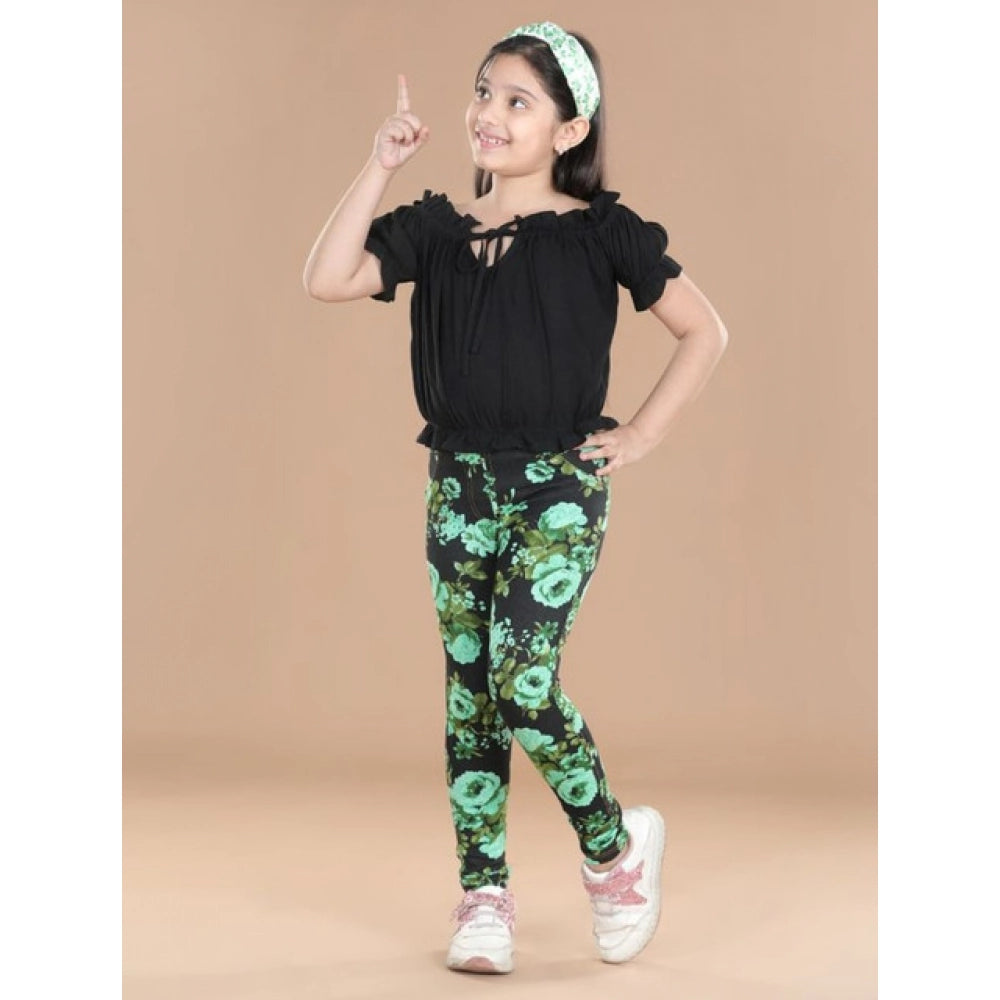 Generic Girl's Cotton Lycra Floral Elasticated Jeggings (Black-Green)