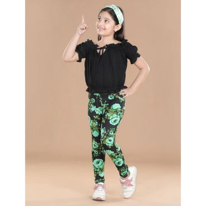Generic Girl's Cotton Lycra Floral Elasticated Jeggings (Black-Green)