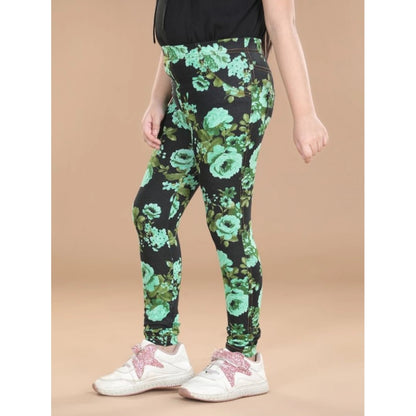 Generic Girl's Cotton Lycra Floral Elasticated Jeggings (Black-Green)