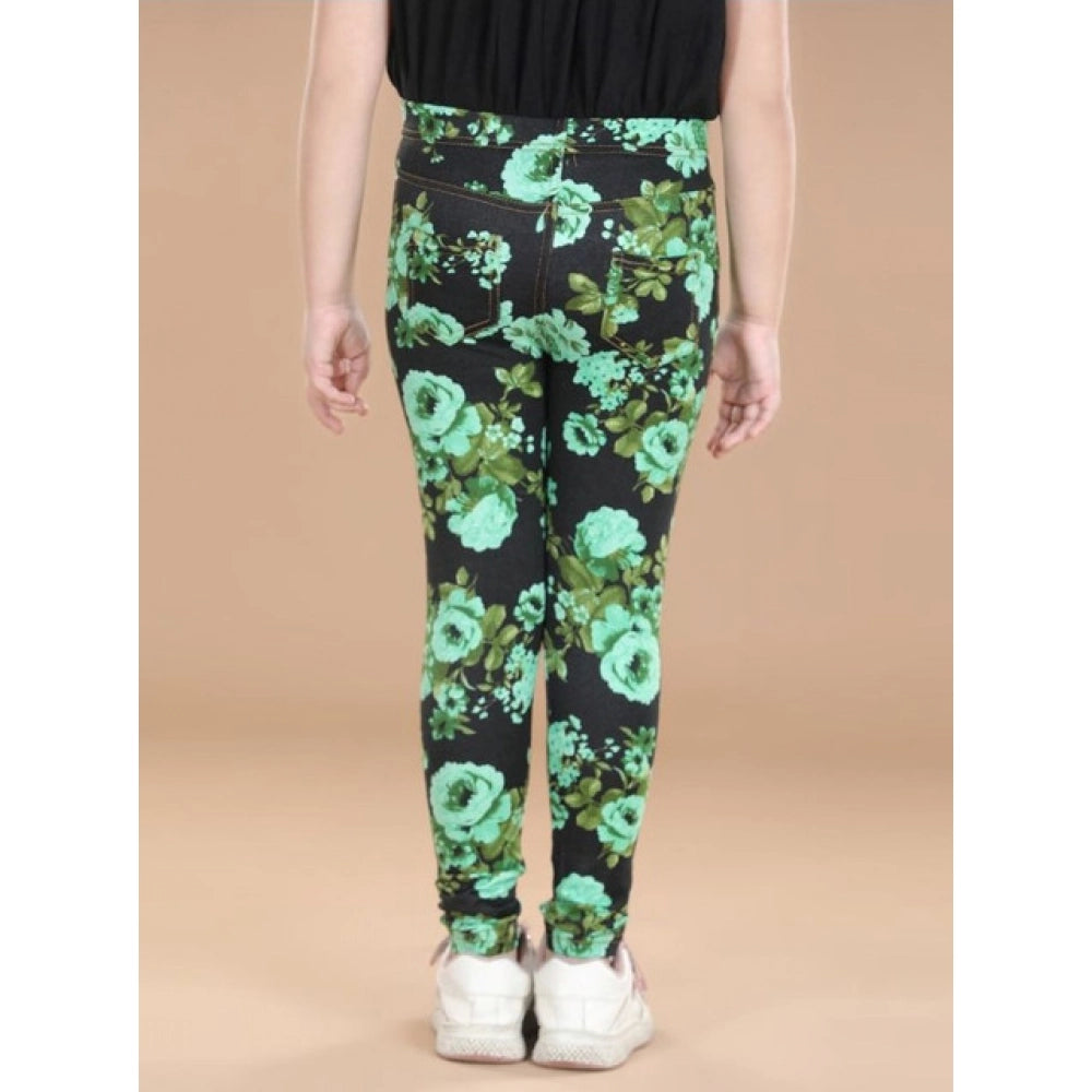 Generic Girl's Cotton Lycra Floral Elasticated Jeggings (Black-Green)