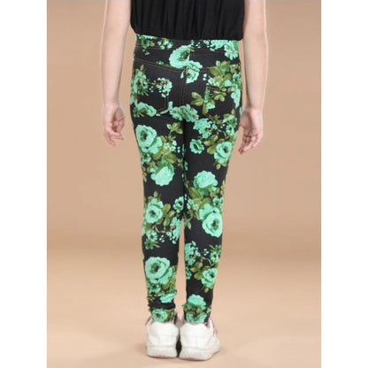 Generic Girl's Cotton Lycra Floral Elasticated Jeggings (Black-Green)