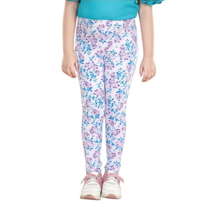 Generic Girl's Cotton Lycra Floral Elasticated Jeggings (White-Turquoise Blue)