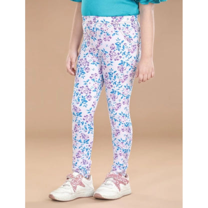 Generic Girl's Cotton Lycra Floral Elasticated Jeggings (White-Turquoise Blue)