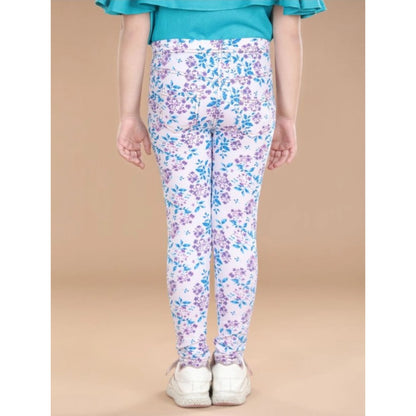 Generic Girl's Cotton Lycra Floral Elasticated Jeggings (White-Turquoise Blue)