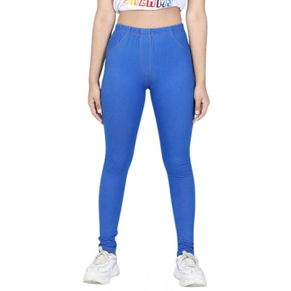 Generic Girl's Cotton Lycra Solid Elasticated Jeggings (Blue)